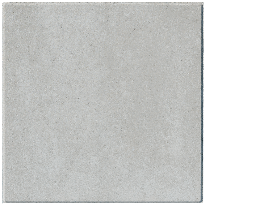 A square, smooth light grey slab without texture