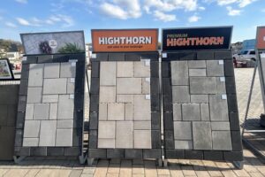 Three displays of Triple H Concrete Products: Two of Highthorn and one of Highthorn Premium.